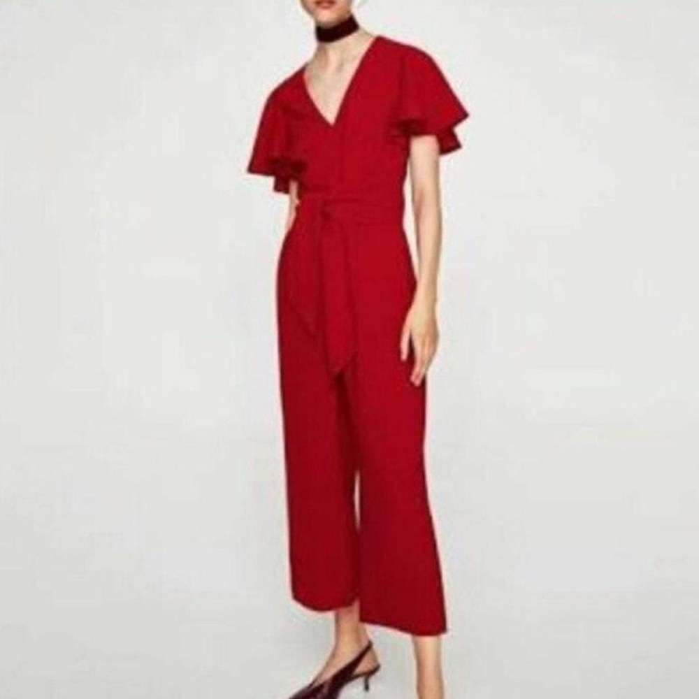 ZARA RED FLOWING JUMPSUIT WITH BOW RUFFLED SLEEVES